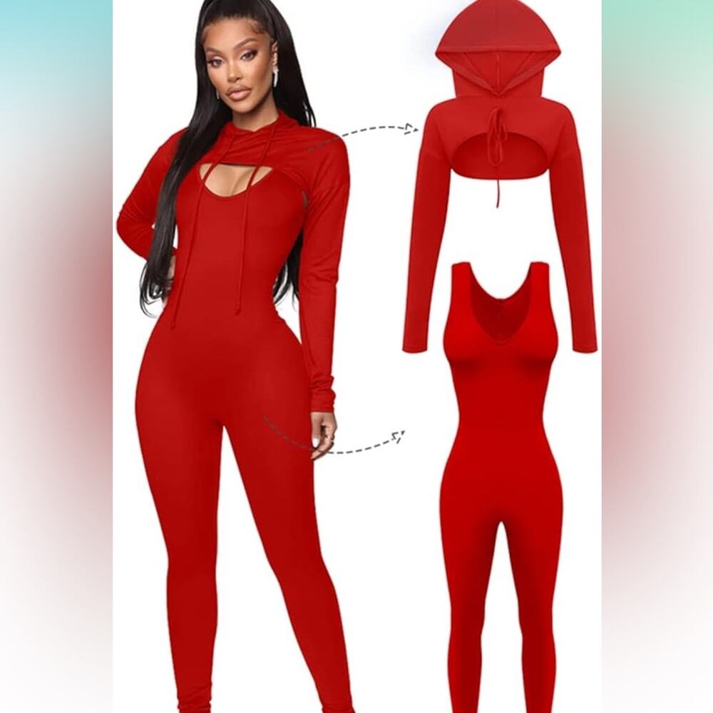 LAGSHIAN 2 Piece Long Sleeve Hooded Crop Top Sleeveless Tank Jumpsuit L NWOT